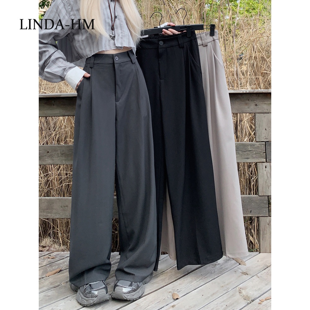 linda พร้อมส่ง ! กางเกงผู้หญิง สไตล์ลำลอง สีพื้น ผ้าเดรป (ดำ/สีน้ำตาล)