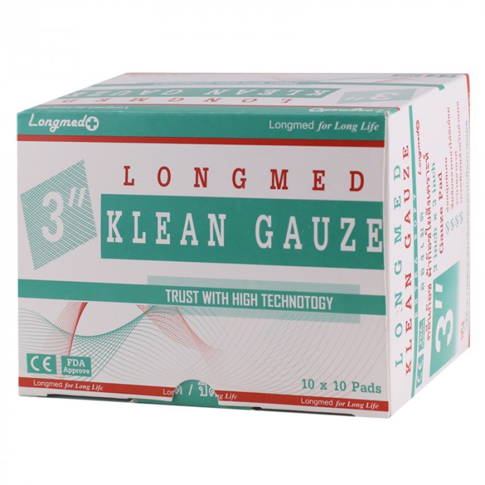 Longmed ผ้าก๊อซฝ้าย 3X3 นิ้ว ผ้าก๊อซใยสังเคราะห์ Klean Gauze ลองเมด ผ้าก๊อซเช็ดลิ้น ผ้าก๊อซปิดแผล ยกกล่อง