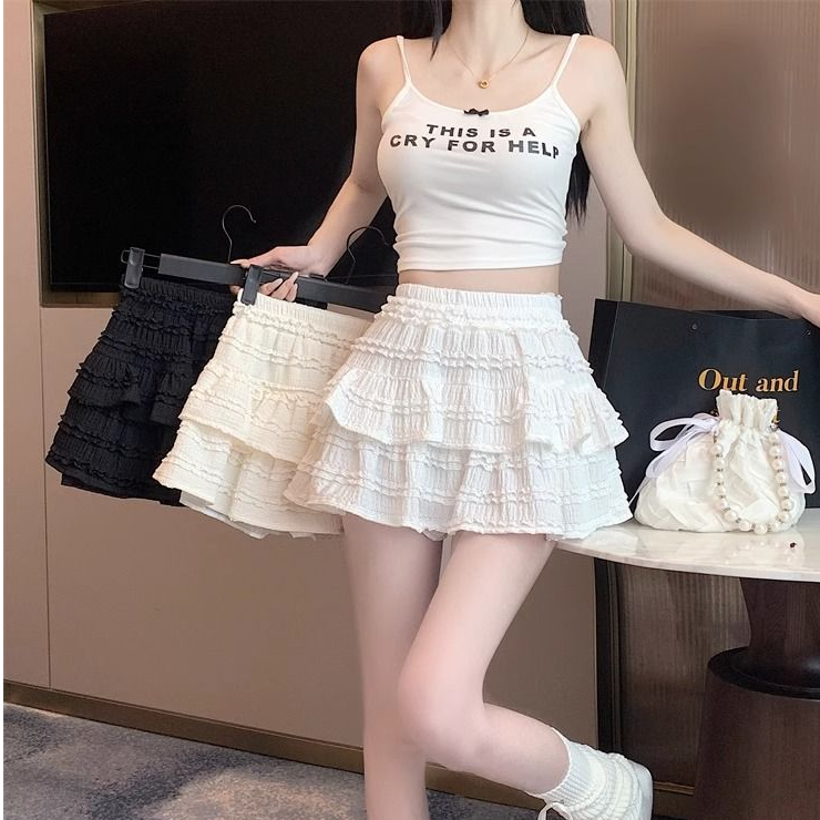 Miniyiness 2024 พร้อมส่ง กระโปรงลูกไม้ระบาย2ชั้น กระโปรงบัลเล่ต์ เอวสูงเข้ารูป สาวหวานน่ารัก