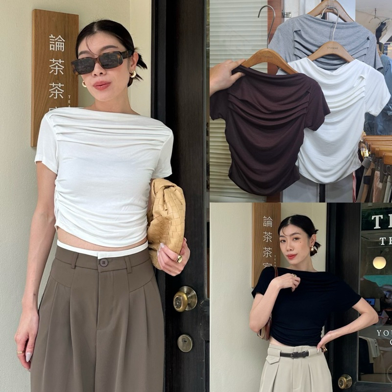 เสื้อคอปาด เสื้อยืดแขนสั้น ปาดไหล่ ใส่สบาย x2