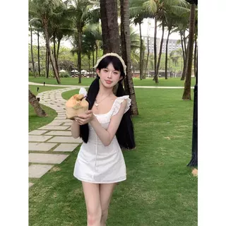 🌙เดรส,🌙แขนลูกไม้/คอยู/ชุดกระโปรงทรงเอผู้หญิงฤดูร้อน