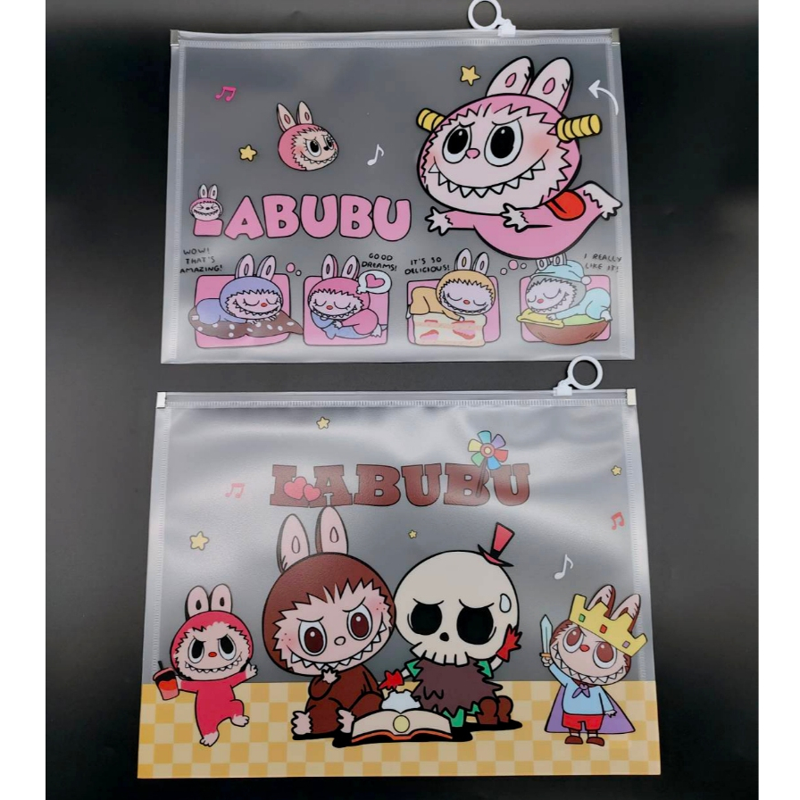 12 ใบ หูรูดลายลาบูบู้ A4แฟ้มเก็บเอกสารหูรูดพลาสติกหนาพิมพ์ลายการ์ตูน Labubu เครื่องใช้สำนักงาน โรงเรียน