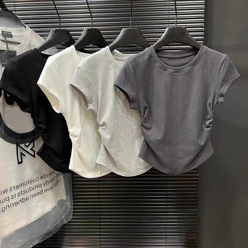 MW125 เสื้อยืดผู้หญิง แต่งจีบย่น สีพื้น สไตล์ลำลอง (หลากสี)(9388)