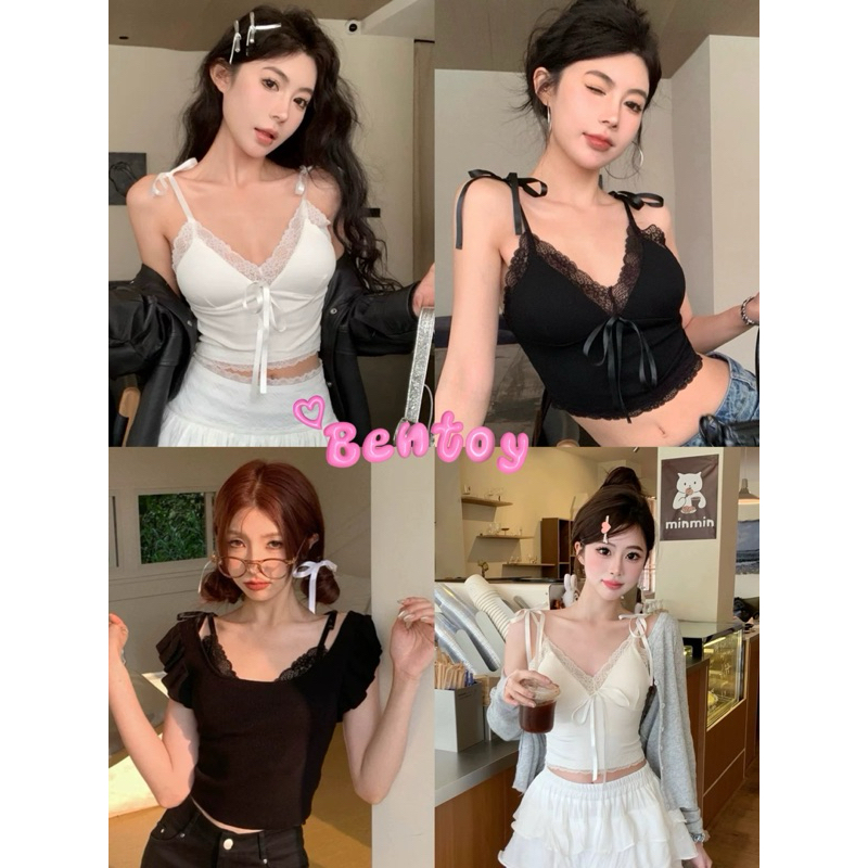 bentoy(bratop2298)เสื้อสายเดี่ยว มีฟองน้ำ สายลูกไม้แบบผูกเอง หน้าวี ใส่เดี่ยวก็สวย แมทช์ง่าย