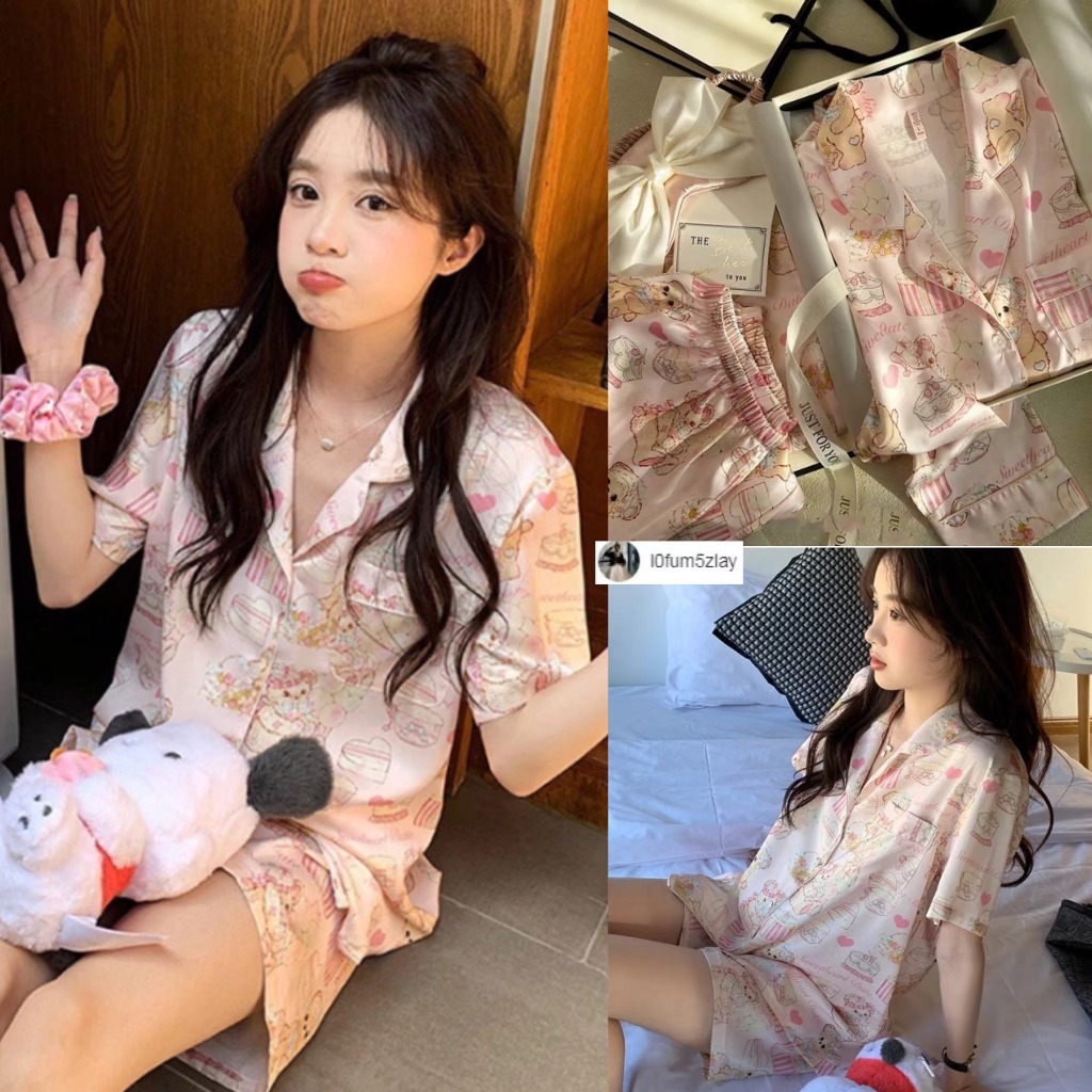 (ราคาถูกที่สุด)รูปแบบใหม่ล่าสุด，ชุดนอนผ้าซาติน，ลายการ์ตูนน่ารัก，M-2XL