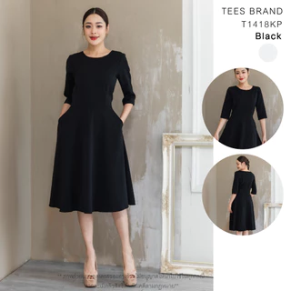 TEESBRAND T1418KP ชุดทำงานสีดำ มีกระเป๋าข้าง แขนห้าส่วน ทรงบาน เสื้อคอกลม ชุดไปงานศพ ชุดสุภาพ ใส่งานพิธี สินค้าพร้อมส่ง