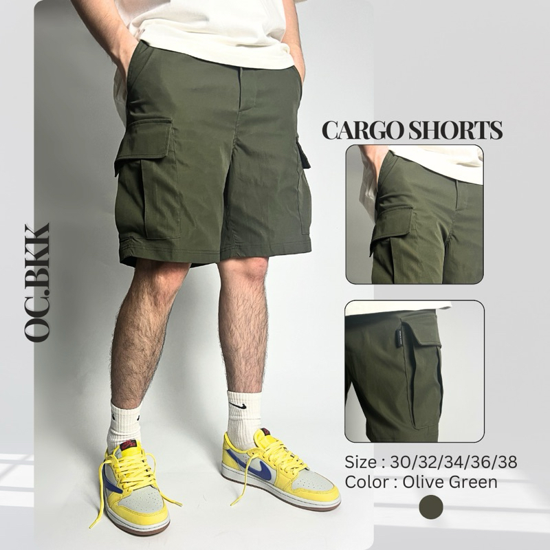 กางเกงคาร์โก้ ขาสั้น Olive green ผู้ชาย ผ้าcotton spendex กระเป๋าด้านข้าง ด้านหน้าและหลัง 6 ช่อง