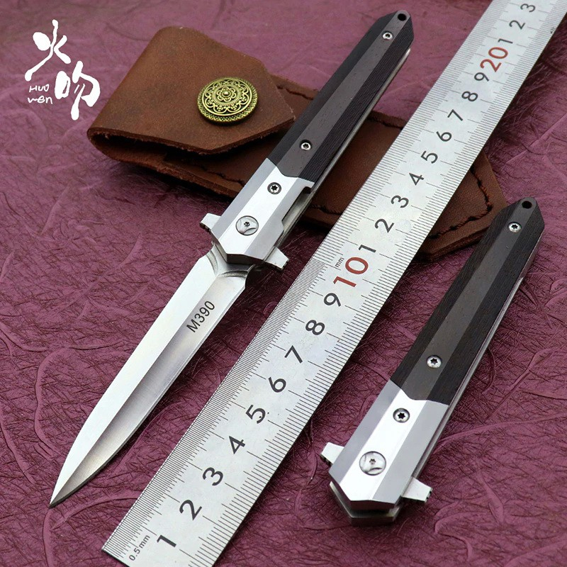 มีดแคมป์ มีดพับfolding pocket Huowen ใบ 3.4" เหล็ก M390 Liner lock, Ball bearings คมด้านเดียว ด้ามไม้ ซองหนัง