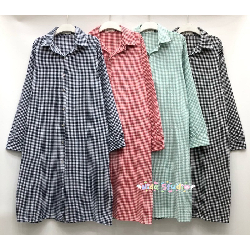 ✅ลายเยอะ✅ เดรสคอปกแขนยาว ผ้าคอตตอนลายทางลง ลายสก๊อต กระดุมหน้า มีกระเป๋าข้าง อก46/50