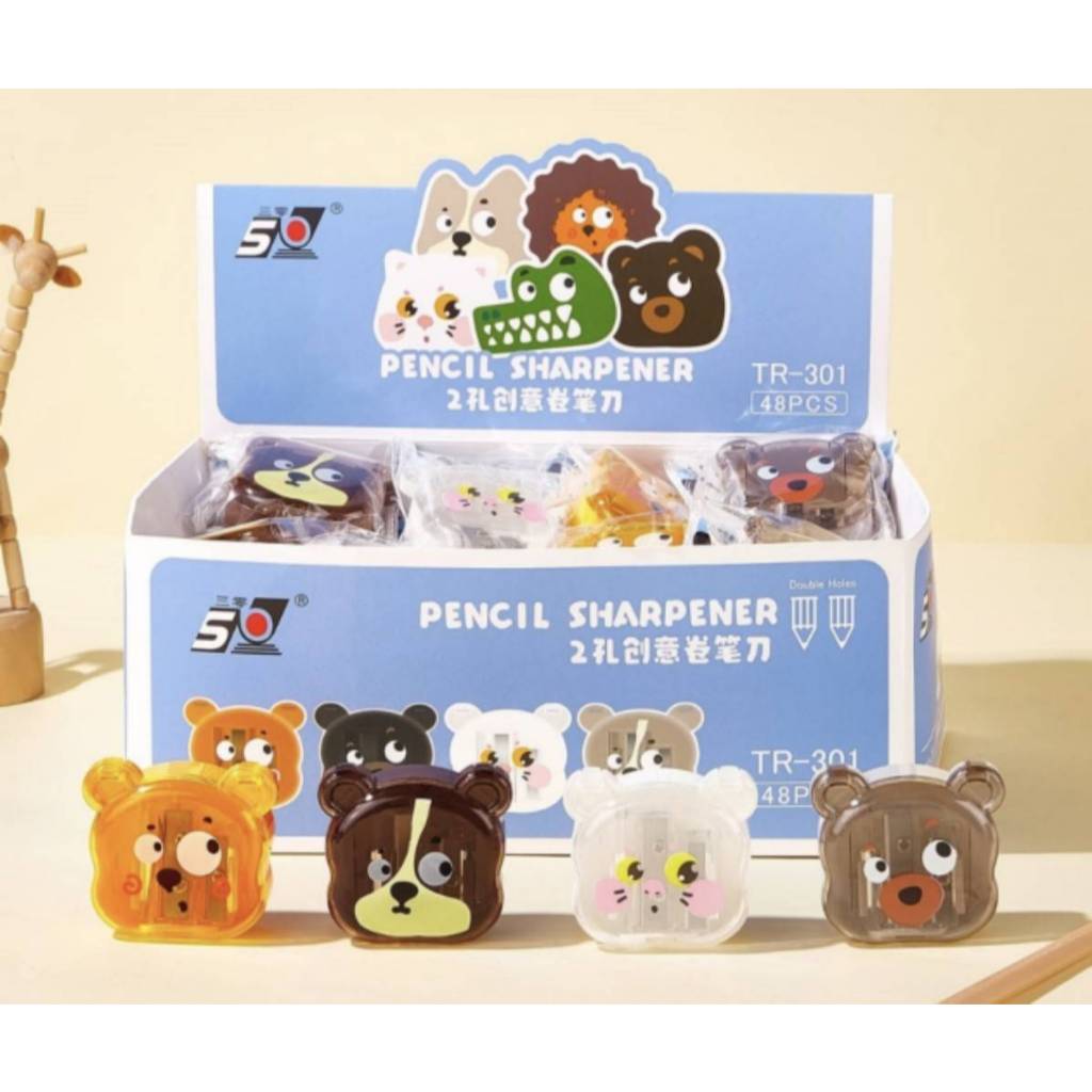 กล่อง 36 PCS (TR-301) กบเหลาดินสอ 2 รู ที่เหลาดินสอหัวหมี คละสี แบบมือหมุน เหลาง่าย