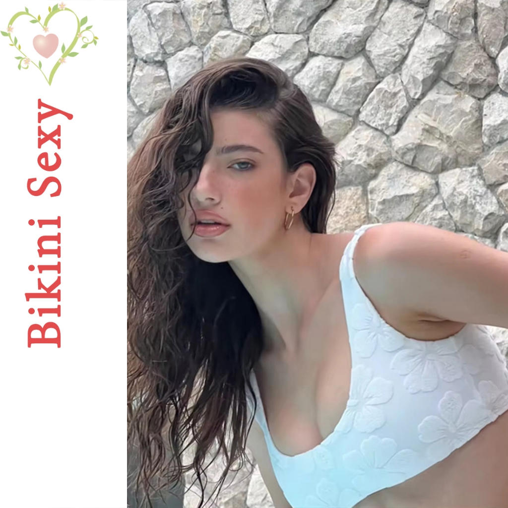 BikiniSexy 👙👙  ชุดว่ายน้ําหญิง เที่ยวทะเล ผ้าขนหนู ลายดอกไม้ สีทึบ มีฟองน้ำ ส่งจากไทย - รูปที่ 6