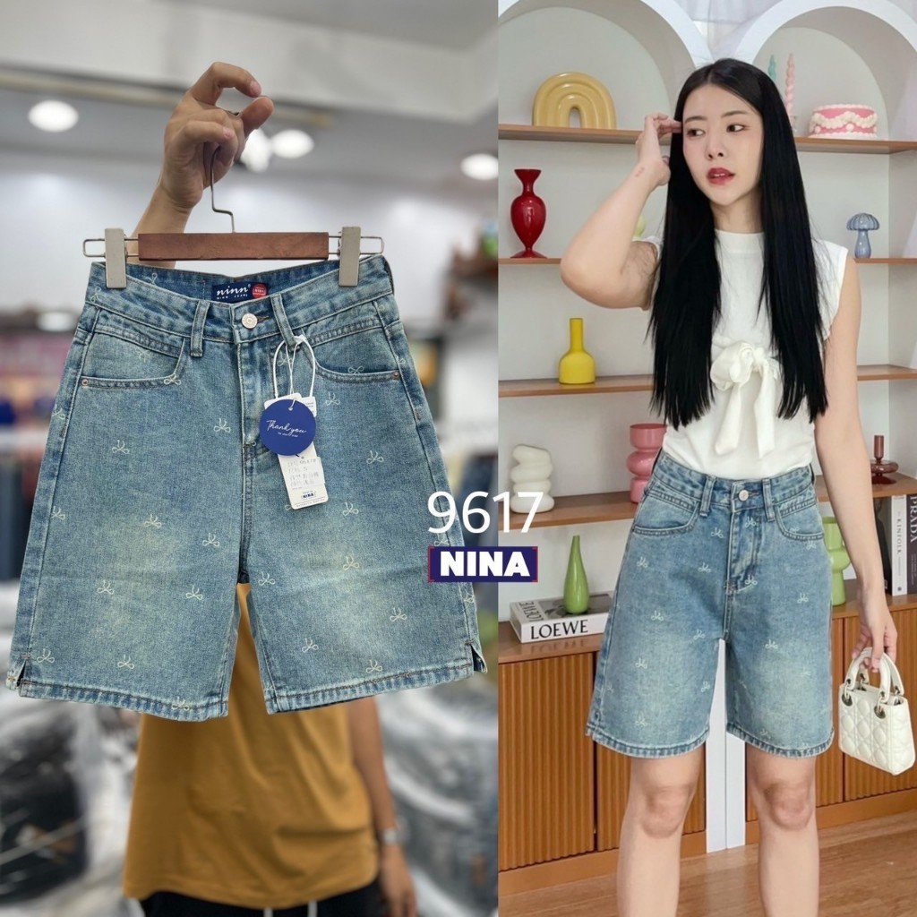 TwiceJeans กางเกงขาสั้น ผ้าไม่ยืด ลายโบว์ สีฟอกสนิมๆนิดๆ เกาหลี ปลายขาผ่าเย็บเก็บ เอวสูง