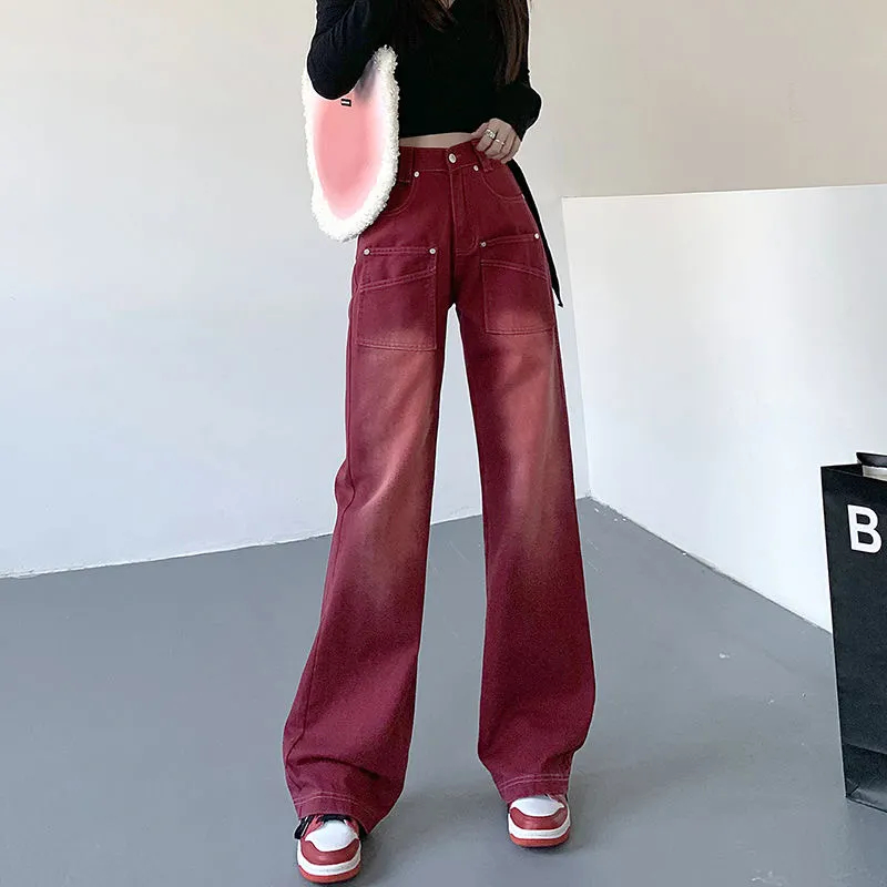 S-2XL แฟชั่นกางเกงยีนส์สีแดงเวอร์ชั่นเกาหลีหวานและน่ารัก Casual ไล่ระดับเอวสูงตรงหลวมสาวฮอตกางเกงขากว้าง