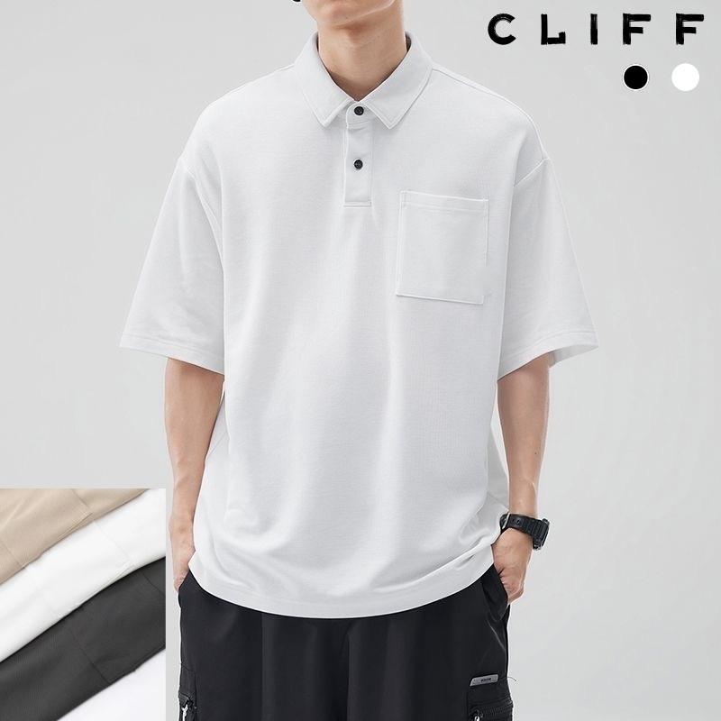 CLIFF เสื้อโปโลผู้ชาย แฟชั่นคอปกแขนสั้น สีล้วนแมทช์ลุคง่าย การออกแบบกระเป๋าหน้าอก ชุดคู่รัก