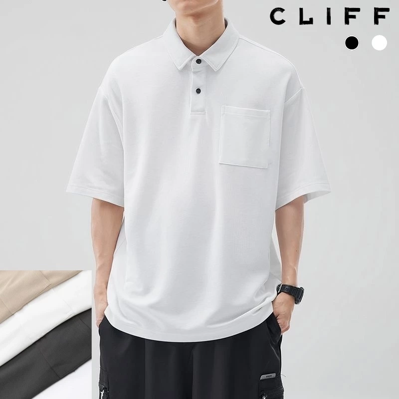 CLIFF เสื้อโปโลผู้ชาย แฟชั่นคอปกแขนสั้น สีล้วนแมทช์ลุคง่าย การออกแบบกระเป๋าหน้าอก ชุดคู่รัก