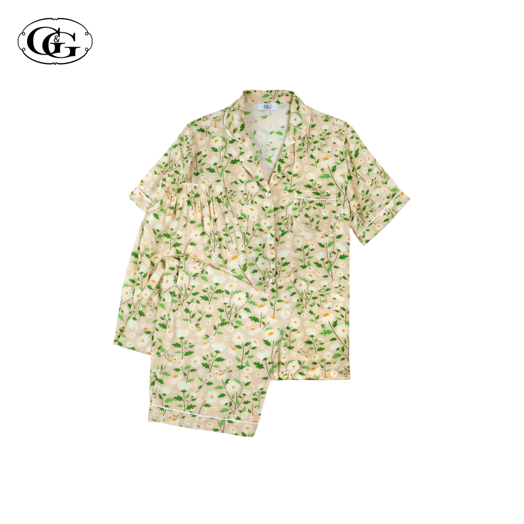G&G ชุดนอน เสื้อแขนสั้นคอปก กางเกงขายาว ผ้าเรย่อน ลายดอกไม้ EN3R007 สีเบจ (BE)