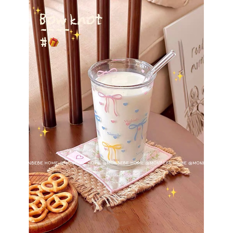 แก้ว แก้วน้ำ แก้วกาแฟ ลายโบว์ลายจุด พร้อมส่ง！！！