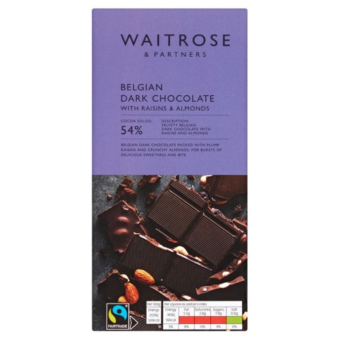 Waitrose Belgian Dark Chocolate With Raisins & Almonds 54%180g. เวทโทรส เบลเยียน ดาร์คช็อกโกแลต