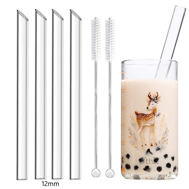 หลอดแก้วชานมไข่มุกมีกล่องใส่ Reusable Clear Glass Straw ปากแก้วเฉียง
