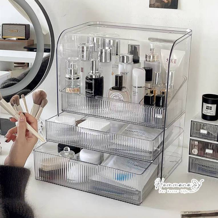 กล่องเก็บเครื่องสำอาง💋PET ใส✨ไม่เหลือง ฝาครอบโค้งกันฝุ่นและความชื้น ชั้นเก็บเครื่องสำอาง ชั้นวางของ ดีไซน์เรียบหรู