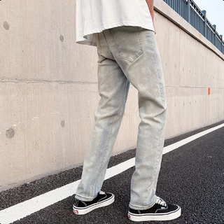 beerbroth-กางเกงยีนส์ผู้ชาย ยีนส์ทรงกระบอกเล็ก Straight jeans สีอ่อน สไตล์เกาหลี ทรงวินเทจ