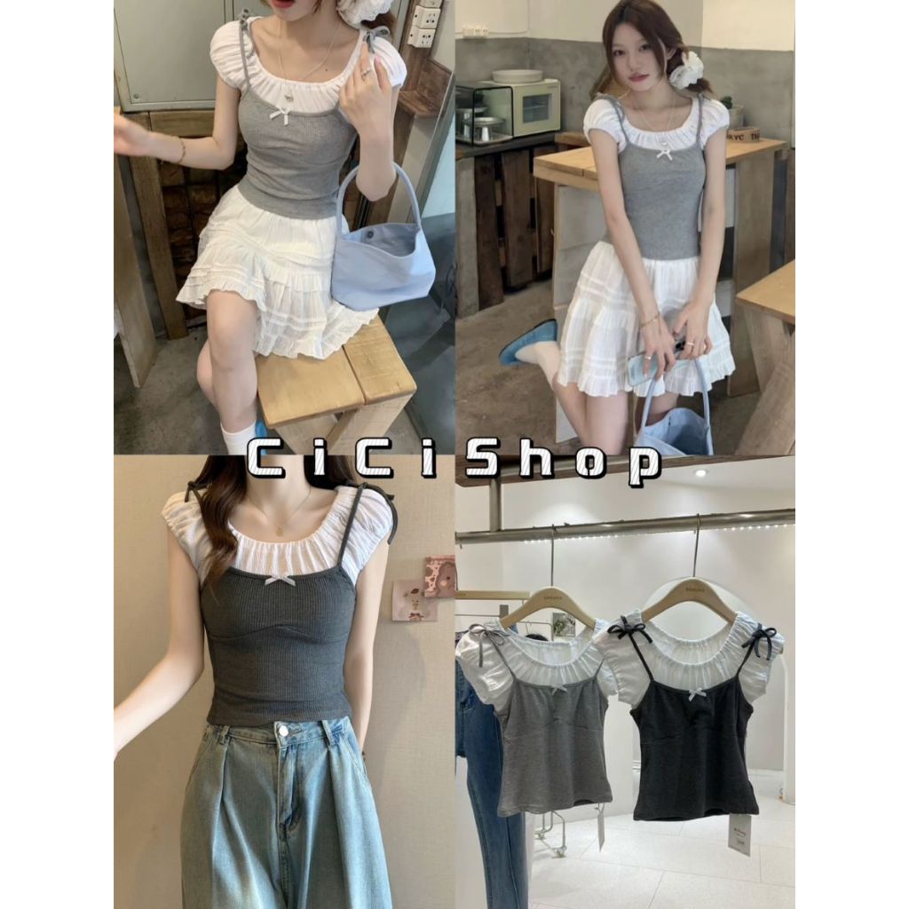 Cicishop (1237) เสื้อครอปแขนสั้น ใส่ได้หลายแบบปาดไหล่หรือคลุมไหล่ พร้อมสายเดี่ยวแต่งโบว์ด้านหน้า เหมาะสำหรับสไตล์เกาหลี