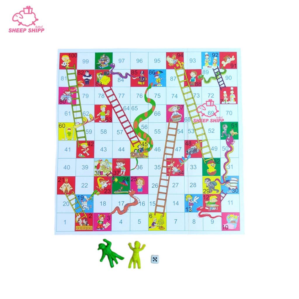 เกมบันไดงู ขนาด 27x27cm แถมการ์ตูน 2 ตัว และลูกเต๋าโยนแต้ม 1 ลูก เกมบันไดงู 100 ตาราง เล่นได้ 2 คนขึ้นไป เกมคลาสสิค