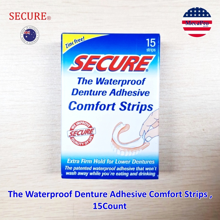 Secure® The Waterproof Denture Adhesive Comfort Strips,15Count แผ่นกาวติดฟันปลอม สำหรับฟันปลอมส่วนล่