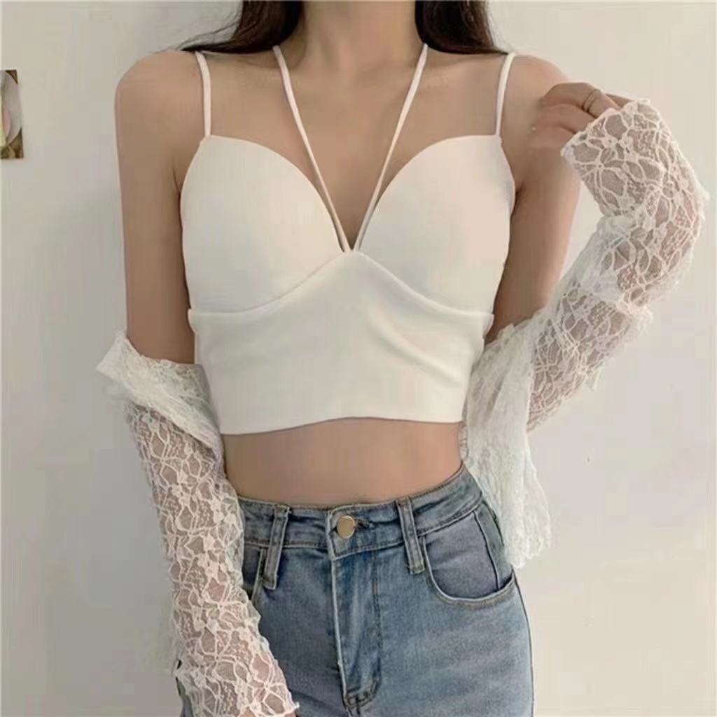 สายเดี่ยวเสื้อสายเดี่ยวแขนกุด คอวีเซ็กซี่ภาษาฝรั่งเศส ชุดชั้นในผ้าไหมน้ำแข็ง แผ่นรองหน้าอกสายไขว้ - รูปที่ 6