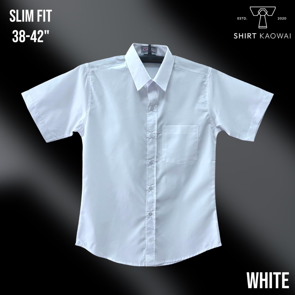 เสื้อเชิ้ตแขนสั้น เสื้อทำงาน ผู้ชาย คอปก Slimfit ทรงสลิมเข้ารูป สีขาว (White) ผ้าคอมพ์ทวิว(Comb Twill) รอบอก 38-42 นิ้ว