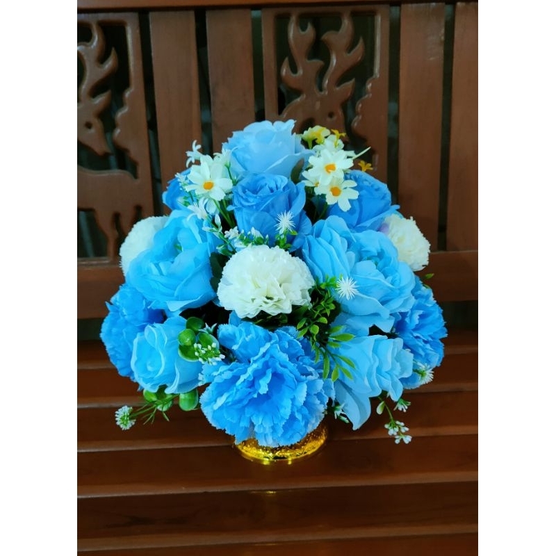 พานถวายพระพร พานพุ่มดอกไม้สีฟ้า พานดอกไม้/ราคา 1 พาน