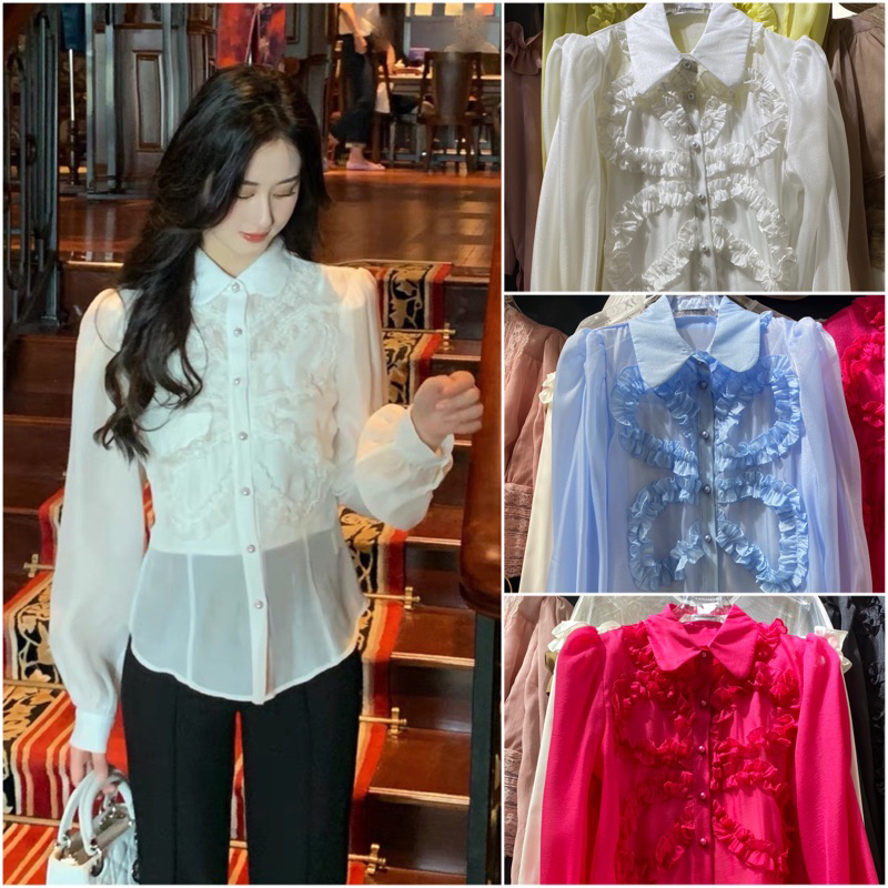 พร้อมส่ง เสื้อปกเชิ้ตผ้าเเก้วเกาหลี เย็บพับกุ้นทั้งตัวเเขนเย็บยกไหล่