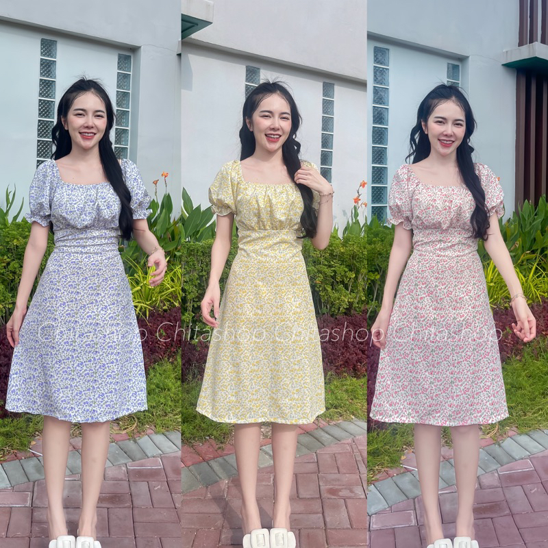 Chitashop ชุดเดรสลายดอกไม้น่ารักๆ แขนสั้น เปิดไหล่ได้ ผ้าไหมอิตาลีนะคะ รุ่นแตงโม