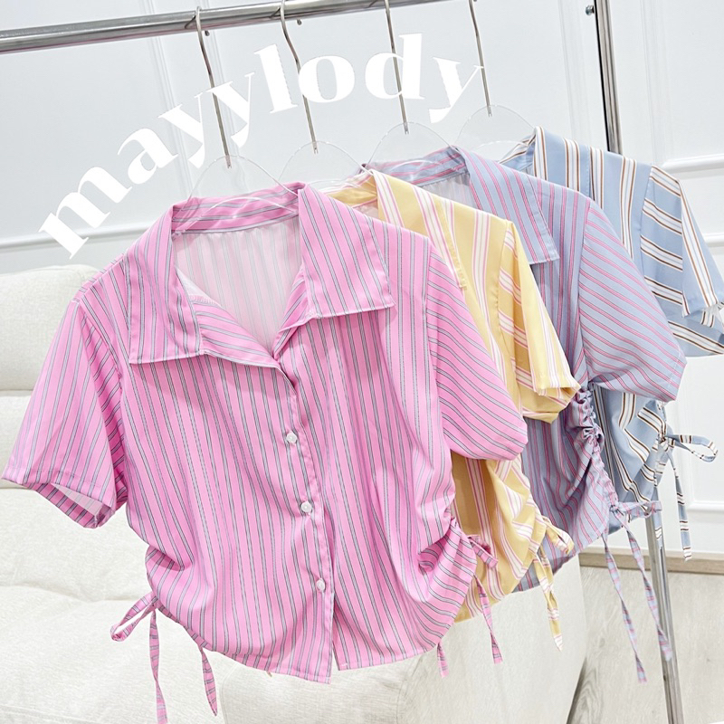 mayylody Ribbon Shirt เสื้อครอปเชิ้ต ชายโค้งผูกรูดด้านข้าง ลายริ้วสไตล์เกาหลี สุดฮิต เชิ้ต เสื้อเชิ้ต