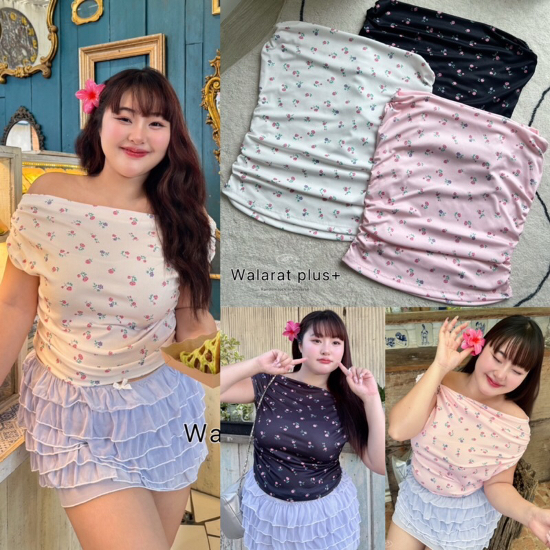 Miggle Top เสื้อเปิดไหล่เอวย่นลายดอกไม้สาวอวบไซส์ใหญ่ (มีไซส์อก36-50)