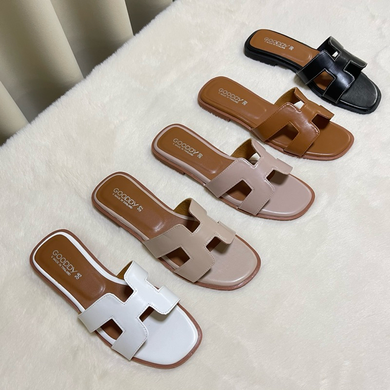 รองเท้าแตะแฟชั่นหน้าHผ้าหนัง สินค้าพร้อมส่ง