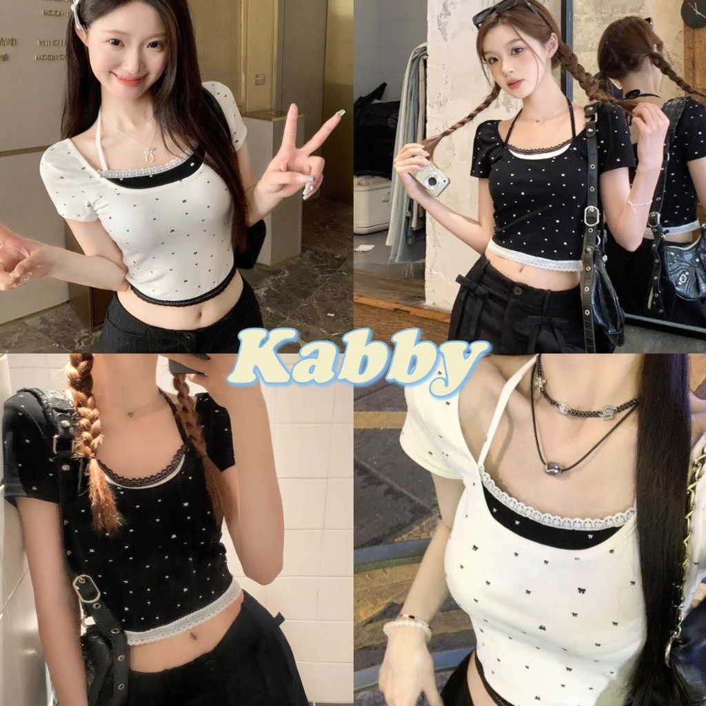 พร้อมส่ง เสื้อครอป ดีเทลลูกไม้ พิมพ์ลายโบว์ 2 สี น่ารัก