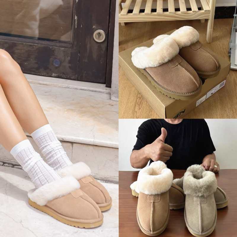 🐑🤍รองเท้ากันหนาวบุขนแกะแท้100% slippersสไตล์UGG รองเท้าแตะหนังแท้กันหิมะเสริมส้นสำหรับผู้หญิง