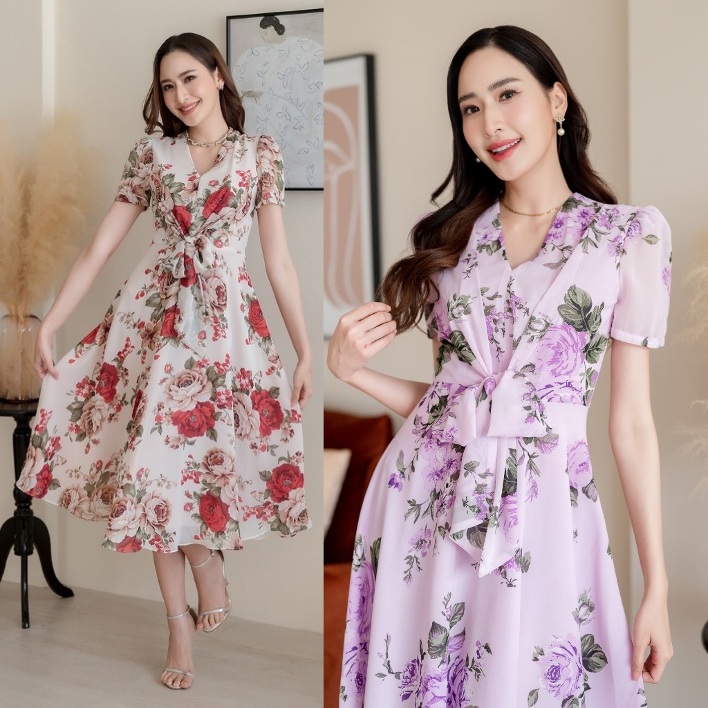 PD228 Midi Dress เดรสผ้าชีฟอง คอวี ผูกโบว์ช่วงเอว
