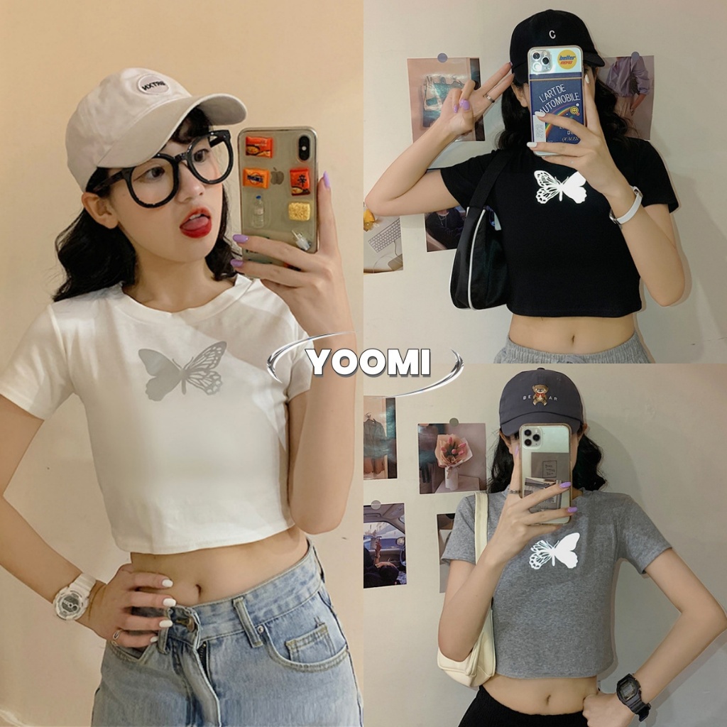 เสื้อยืดแขนสั้นสตรี ins สีสะท้อนแสง ลายผีเสื้อ เสื้อครอปทรงเข้ารูป