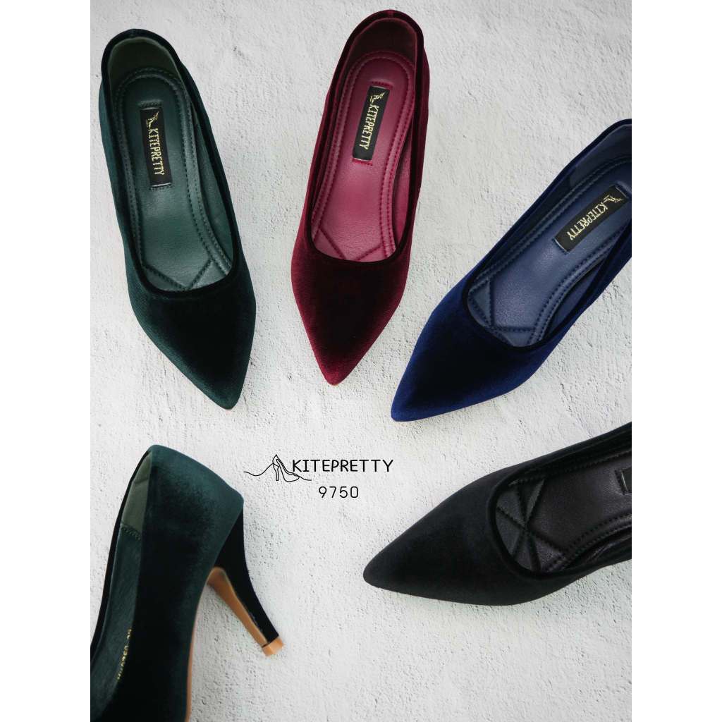 สินค้าพร้อมส่ง KT9750 รองเท้าคัทชูผ้ากำมะหยี่ ส้นแหลม 3นิ้ว