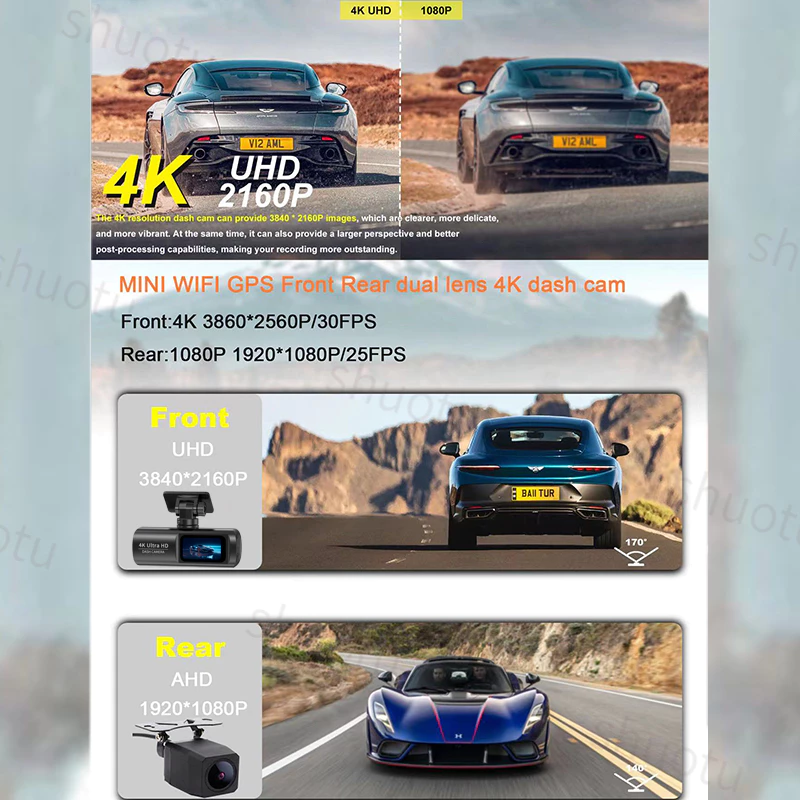 ตำแหน่งGPS 4K dash cam กล้องติดรถยนต์ 2160P กล้องหน้าหลัง มุมกว้าง 170°การเชื่อมต่อ APP WiFi การดูแบบเรียลไทม์ โหมดกลางค thumbnail 3