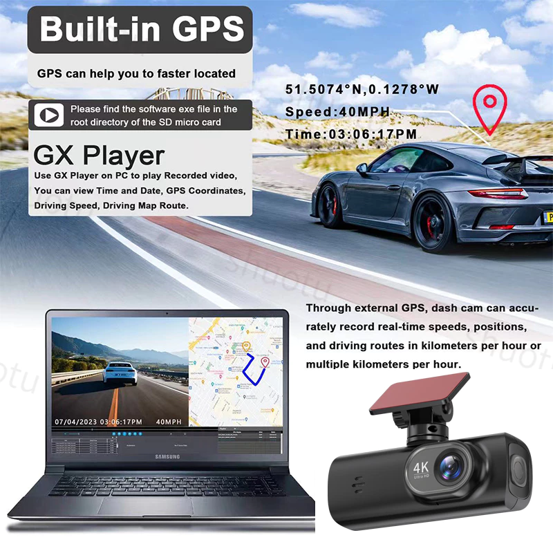 ตำแหน่งGPS 4K dash cam กล้องติดรถยนต์ 2160P กล้องหน้าหลัง มุมกว้าง 170°การเชื่อมต่อ APP WiFi การดูแบบเรียลไทม์ โหมดกลางค thumbnail 5