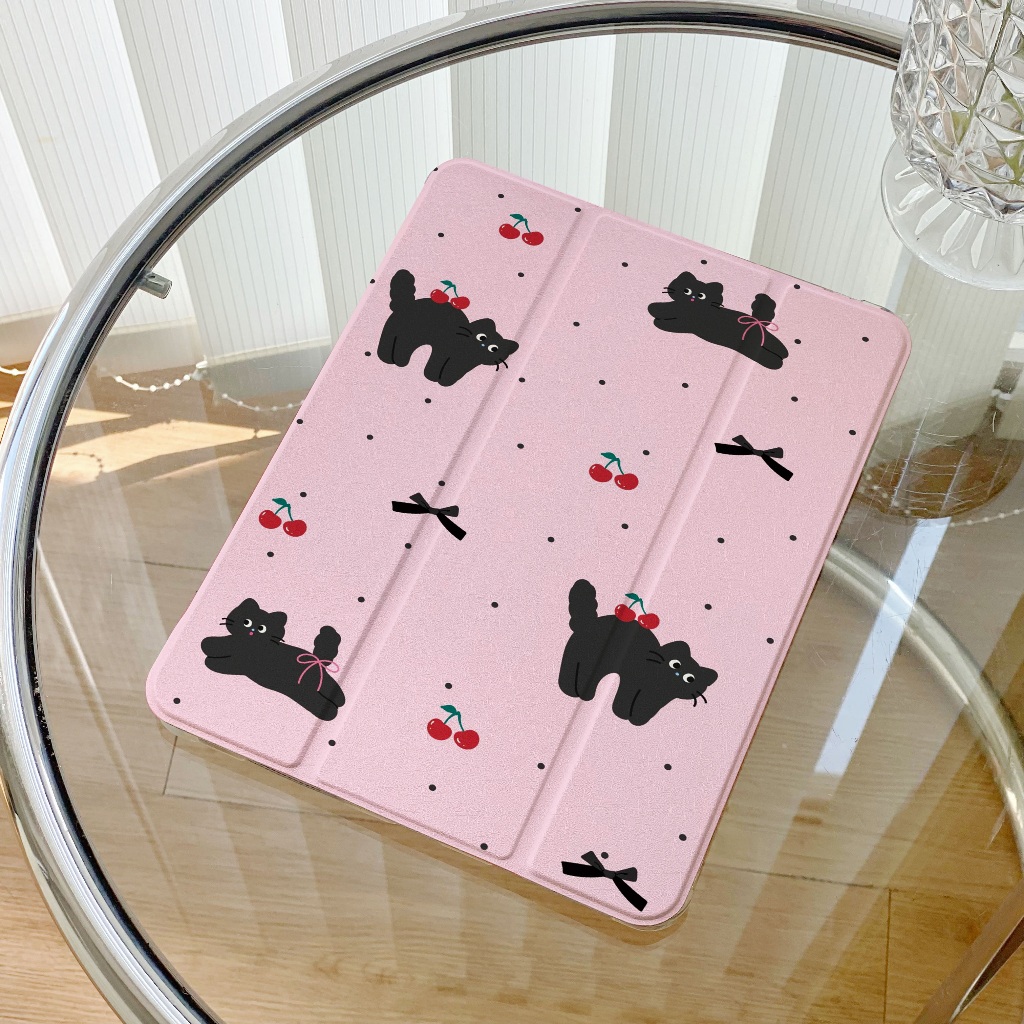 พร้อมส่ง เคส iPad gen9 MINI7 pro11 2024 ซิลิก้าเจล พร้อมถาดใส่ปากกา Cherry Cat เคสไอแพด Air5 Air6