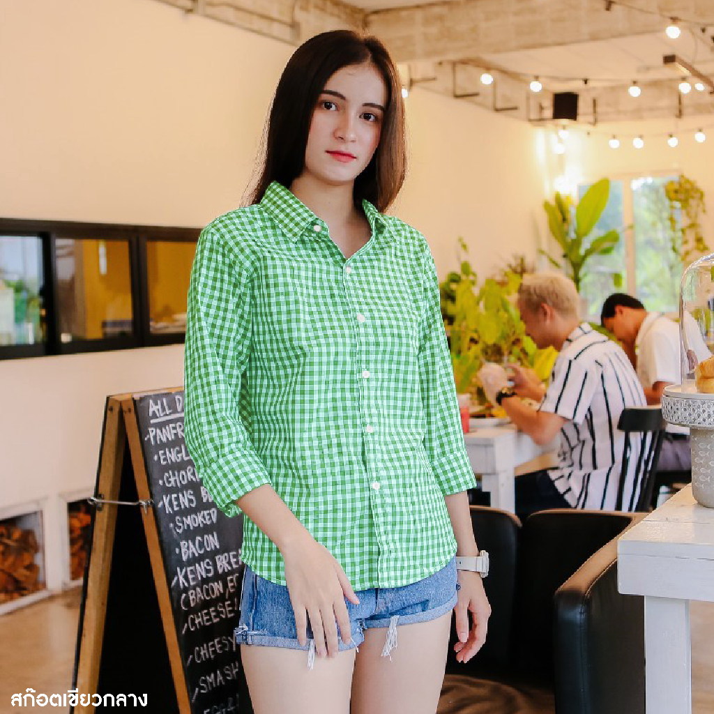 takayay brand เสื้อเชิ๊ต สก๊อตเขียวกลาง 36-50 นิ้ว เสื้อเชิ้ตสก๊อต ผ้าคอตตอนทวิล