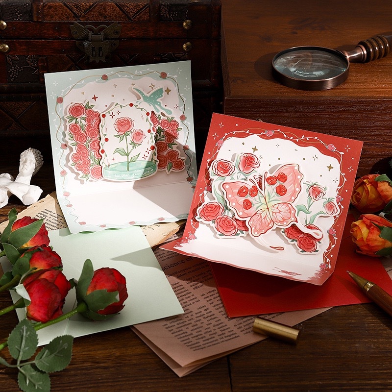 การ์ดอวยพรกุหลาบ 3D สีสวยคลาสสิค มีระดับ การ์ดวันเกิด วันครบรอบ วันสำคัญ