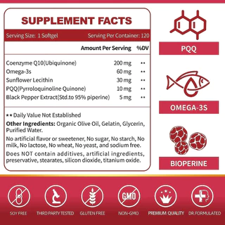 ZEBORA CoQ10-200mg-Softgels with PQQ, BioPerine & Omega-3, 120 Servings Coenzyme Q10 (No.3196)