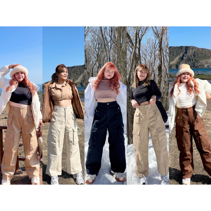 กางเกงเอวสูง ทรงคาร์โก้ สาวอวบ plussize แต่งกระเป๋าหน้าทรงโค้ง+กระเป๋าใหญ่แต่งข้าง ใส่สบาย