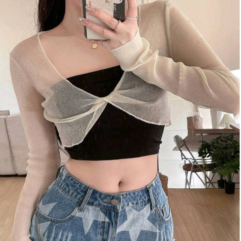 Cover up C029 เสื้อแขนยาว ตาข่าย โปร่ง ไขว้หน้า วิ้งๆ