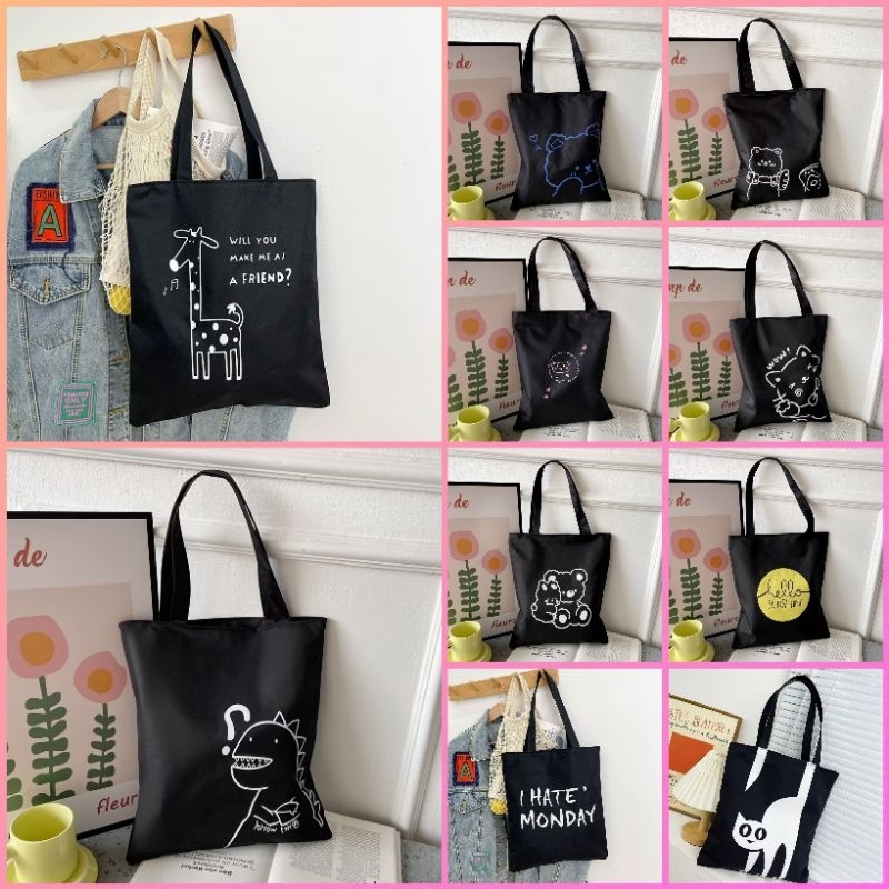 (ร้านไทย)(2)กระเป๋าผ้า กันน้ำ เนื้อผ้าโพลีเอสเตอร์ หลายลาย เนื้อหนา ใบใหญ่ พิมพ์ลาย การ์ตูน เกาหลี น่ารัก สะพายไหล่